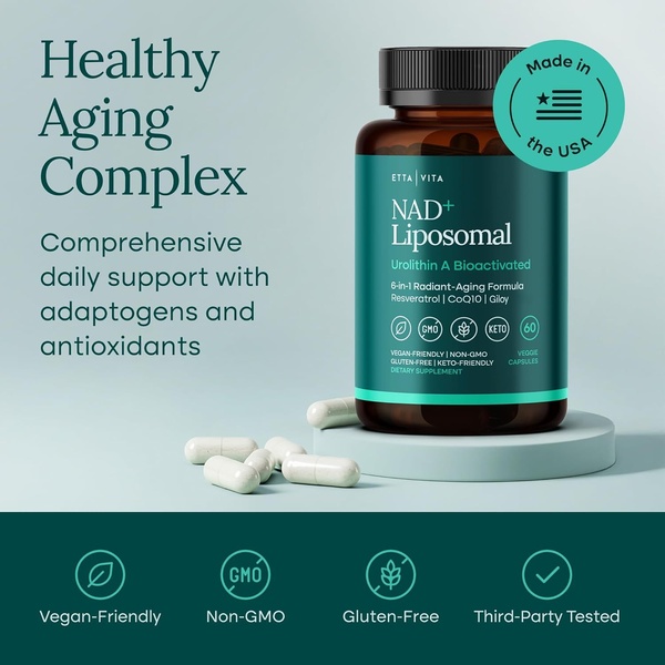 This static square ad features a high-quality product shot of a dietary supplement bottle on a minimalist pedestal, clearly highlighting product benefits and certifications.